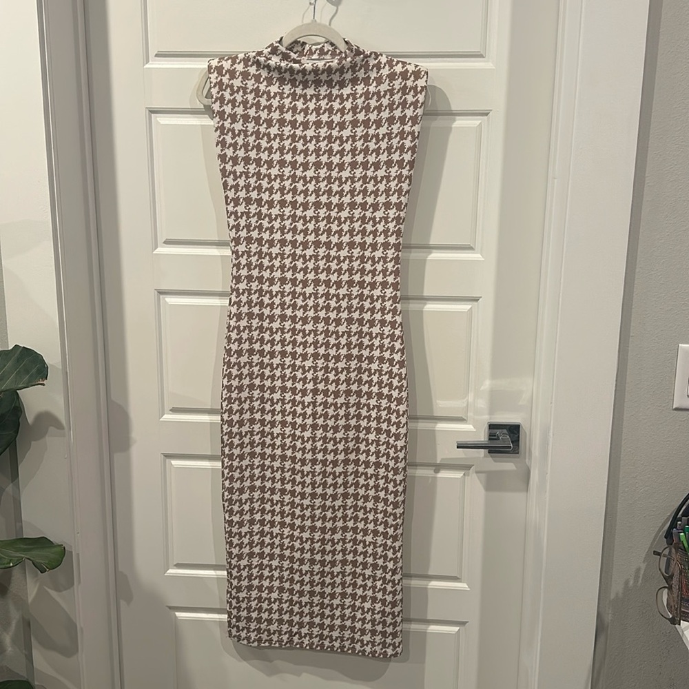 Houndstooth beige and white professional midi dress
